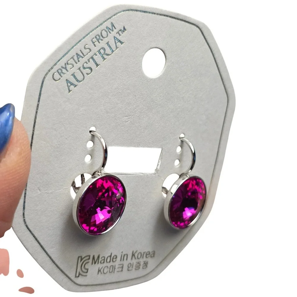 NWT FuchsiaPink Swarovski Elements 13mm Leverback Earrings PlatinumPlatedㅇ Shiny